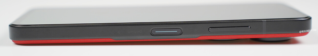 右側面には、「電源ボタン一体型指紋認証センサー（ZenTouch)」、「音量ボタン」