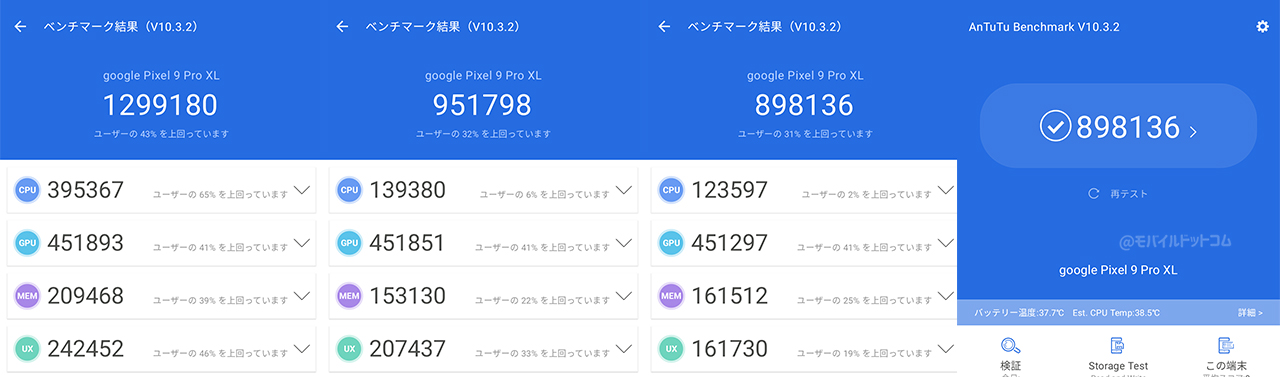 Google Pixel 9 Pro XLのAntutu Benchmarkスコア(※3回連続計測)