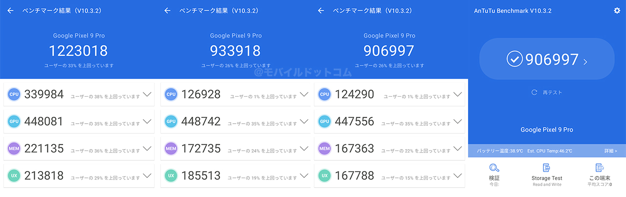 Google Pixel 9 ProのAntutu Benchmarkスコア（＊3回連続計測）